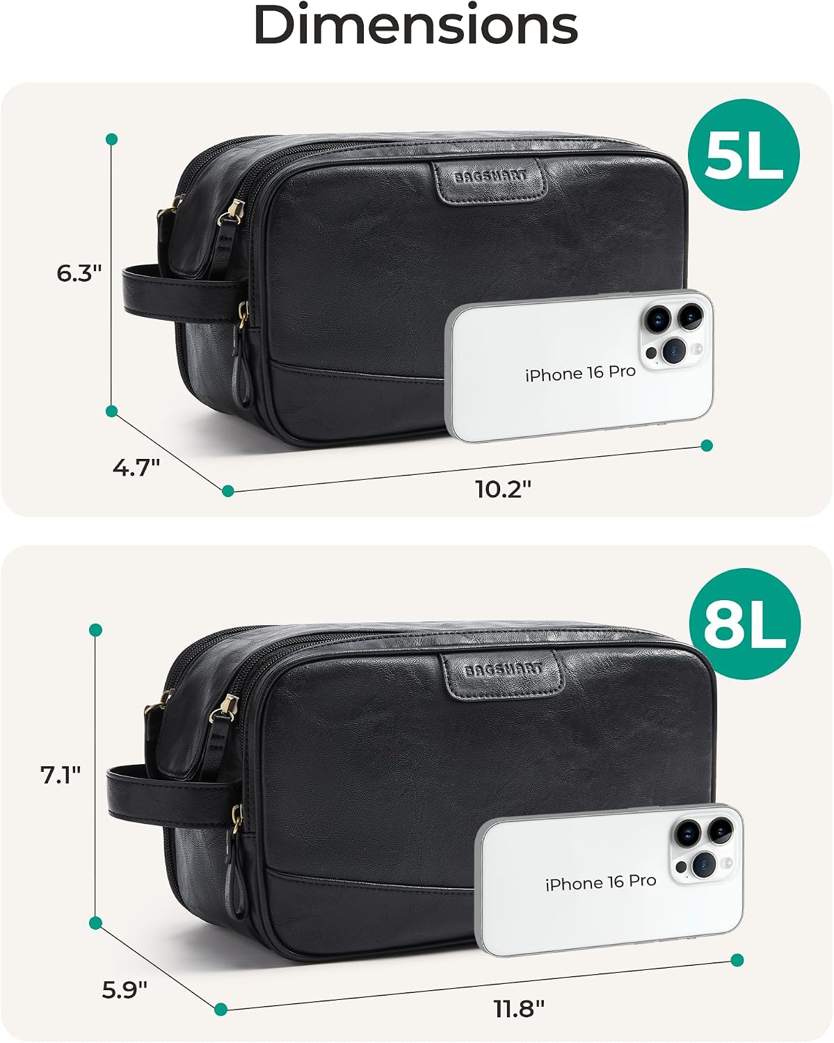 BAGSMART Large Toiletry Bag for Men, PU Leather Water Resistant, Black