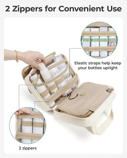 BAGSMART Travel Toiletry Bag for Womne, Hanging Travel Bag for Toiletries, Puffy Makeup Cosmetic Bag Organizer, Carry-on Travel Accessories Essentials, Camel