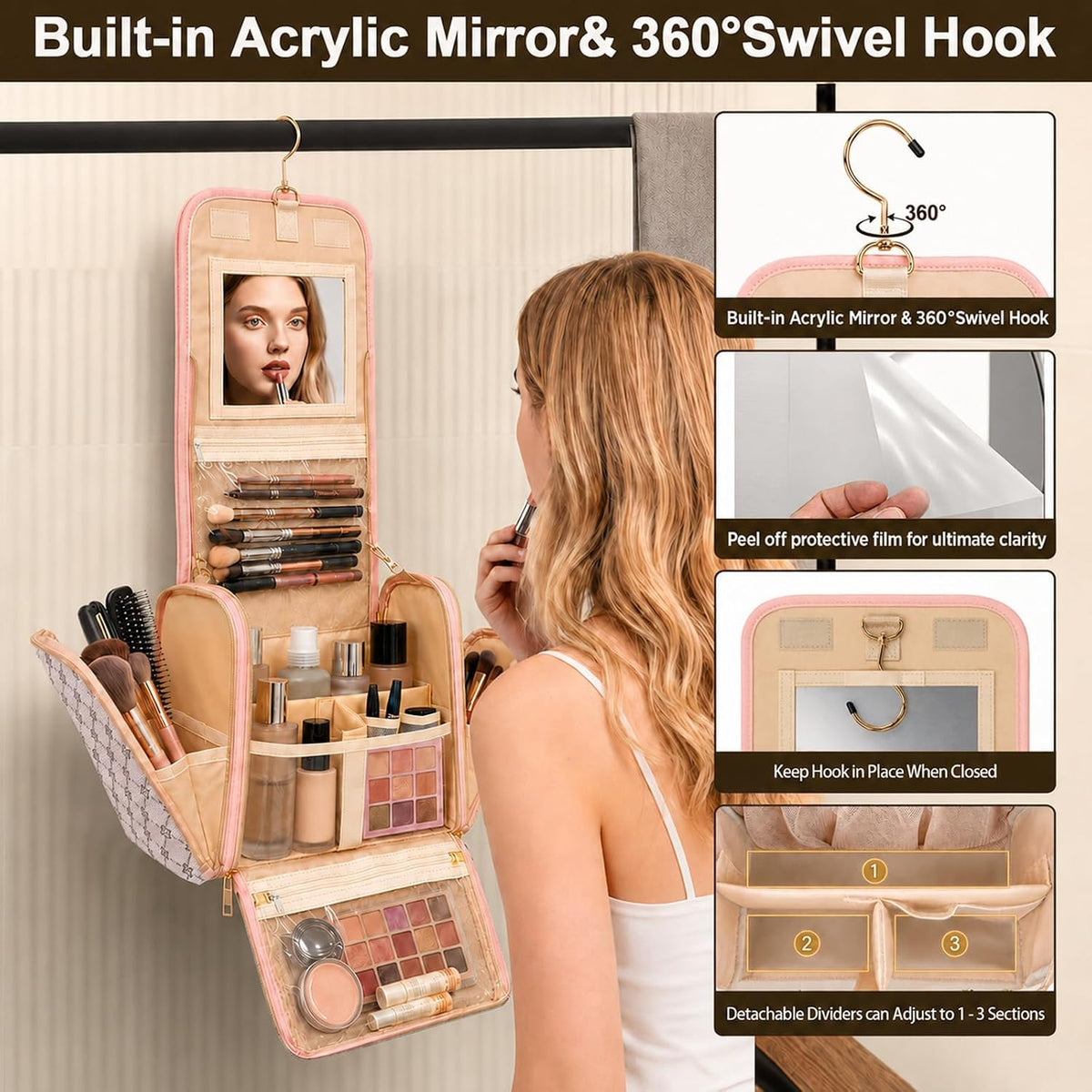 Women Travel Toiletry Bag Large Hanging Toiletry Bag with Mirror