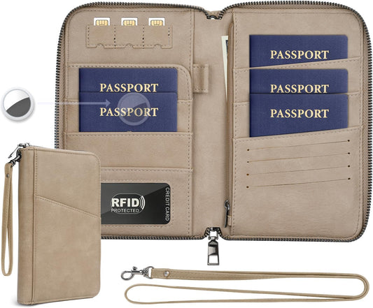 Family Passport Holder Wallet RFID Travel Document Organizer for Women Men, Portable Case Cover for Cards, Boarding Pass with Wrist & Neck Strap, Airtag Pocket, Travel Essentials Gifts (Sand, 1pack)