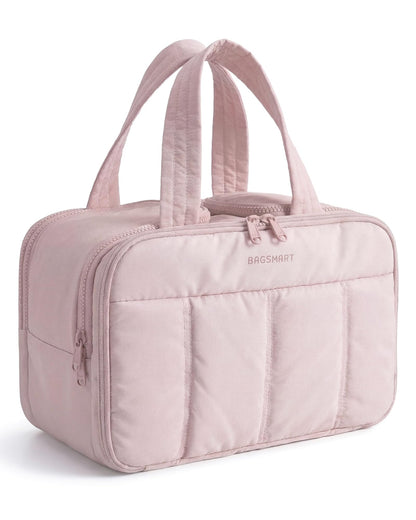 BAGSMART Travel Toiletry Bag, Puffy Large Toiletry Bag for Women, Lightweight Cosmetic Makeup Bag Organizer with Handle for Traveling, Accessories, Essentials, Toiletries （Dark Pink