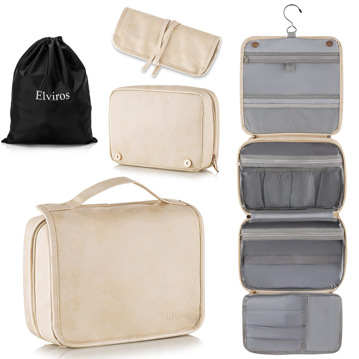 Elviros Hanging Toiletry Bag Removable Travel Bag PU leather Makeup Cosmetic Organizer Kit, Black