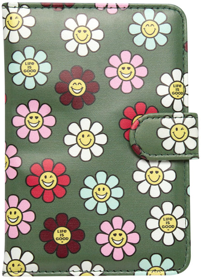 Life is Good Travel Passport Cover - Anti-Theft Passport Holder Wallet with Interior Card Slots, Magnetic Snap Closure, Newsprint