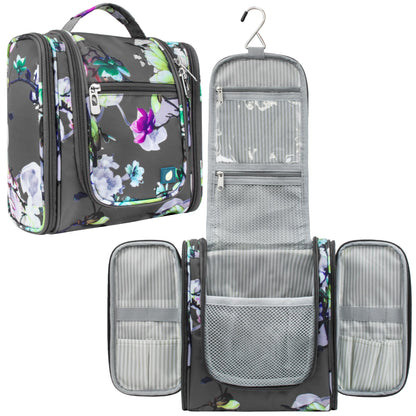 PAVILIA Toiletry Bag Travel Bag for Women Men, Hanging Cosmetic Organizer, Water Resistant Makeup Bag for Accessories Toiletries, Large Travel Essentials Kit (Floral Pink)