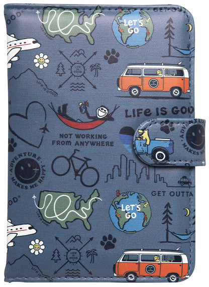 Life is Good Travel Passport Cover - Anti-Theft Passport Holder Wallet with Interior Card Slots, Magnetic Snap Closure, Newsprint