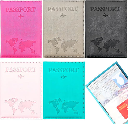 5 PACK Passport Holder for Travel, PU Leather Cover Case with Card Slots, World Map Design, Multiple Colors, 5.63 x 3.82 Inch