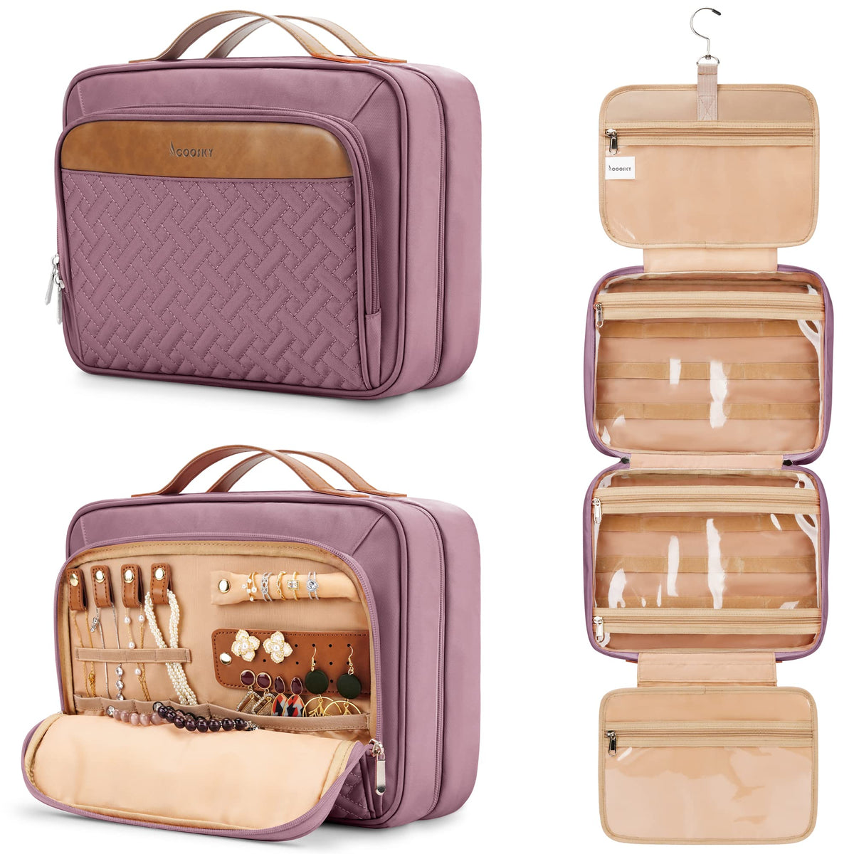 COOSKY Travel Hanging Toiletry Bag for Women, Cruise Ship Essentials, with Jewelry Organizer, Extra Large Makeup Dopp Kit, Waterproof Cosmetic Bags, Toiletries Kit Set with Trolley Belt, Blue