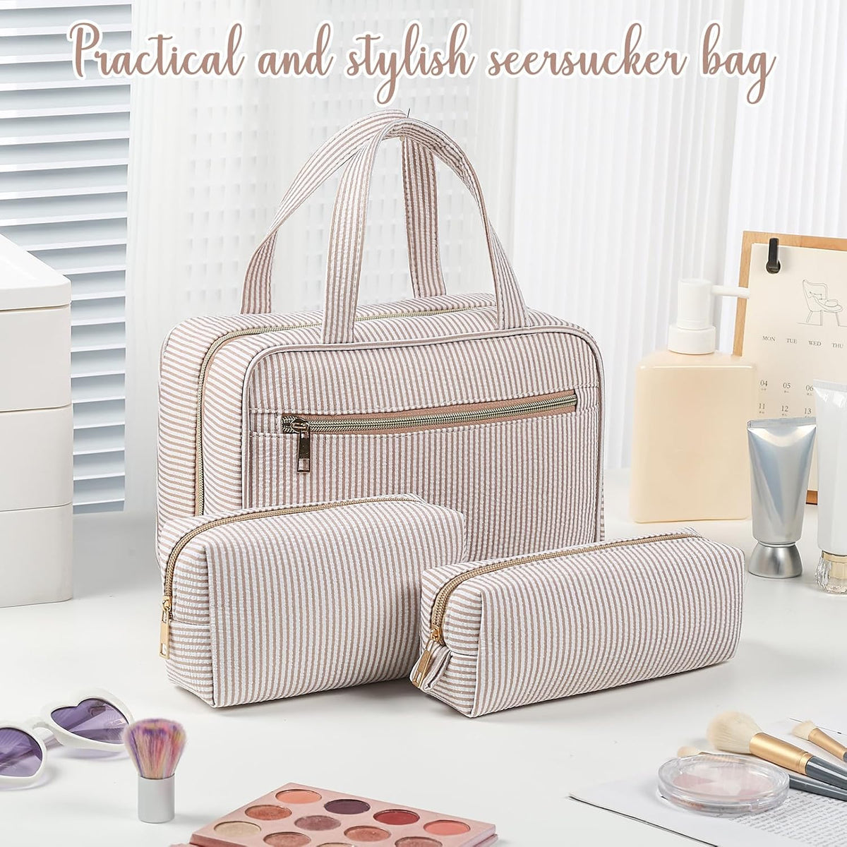 Sanwuta 3 Pcs Seersucker Toiletry Bag Set Stripe Makeup Bag, Khaki