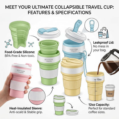 4-Pack Collapsible Cup Reusable – 12oz Leakproof Travel Coffee Mug, Silicone, Foldable & Portable for Hiking, Camping, Office | Lightweight, Heat-Resistant, Easy to Clean, Outdoor & Travel Cup