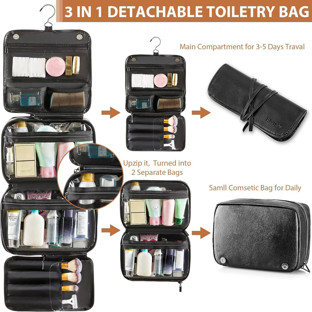 Elviros Hanging Toiletry Bag Removable Travel Bag PU leather Makeup Cosmetic Organizer Kit, Black
