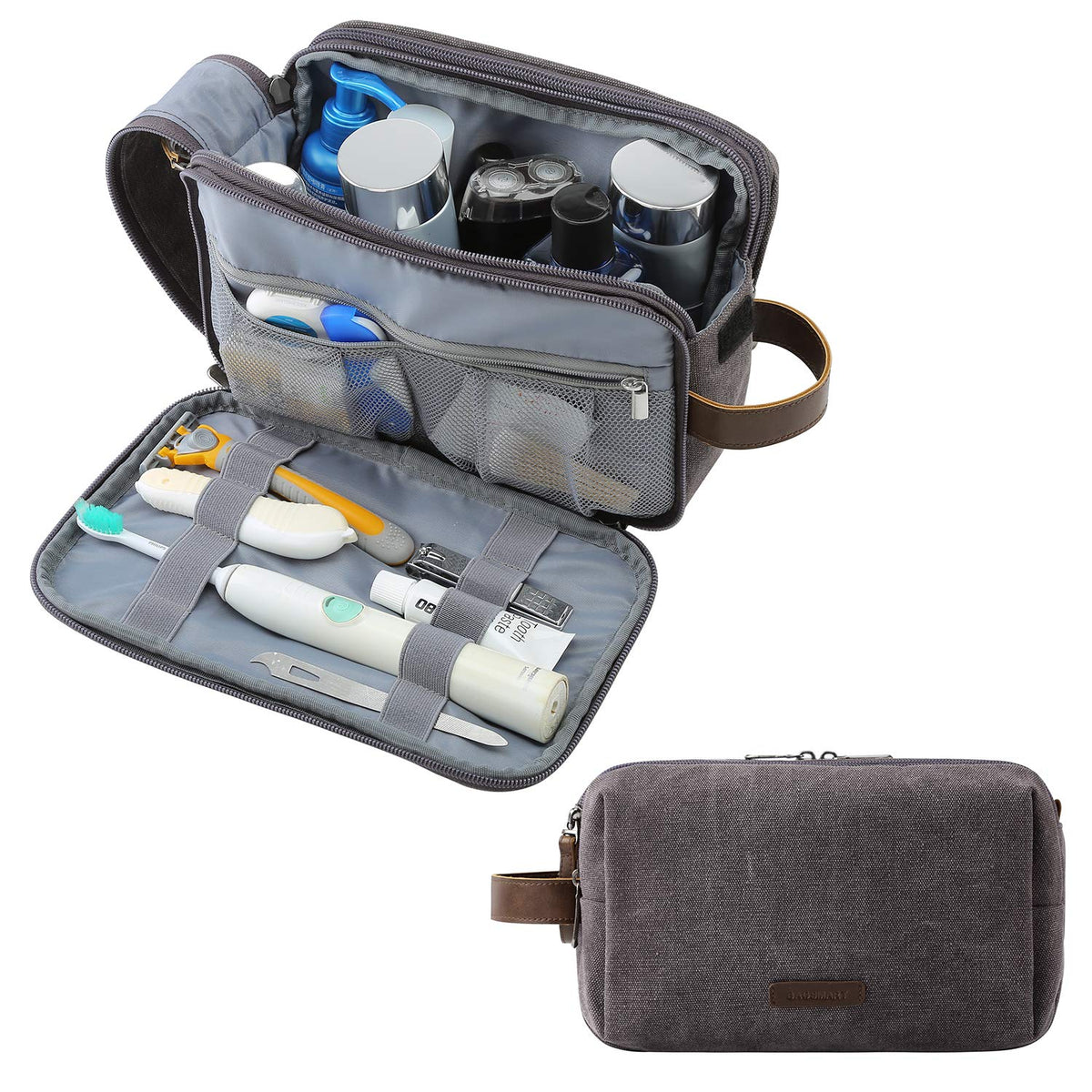 BAGSMART Toiletry Bag for Men, Canvas Travel Toiletry Organizer Dopp Kit Water-resistant Shaving Bag for Toiletries Accessories,Grey-Medium