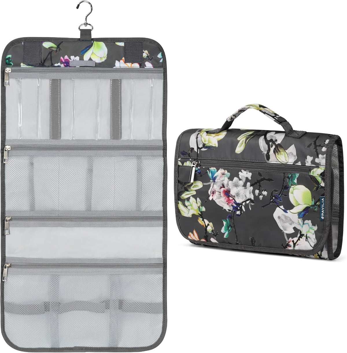 PAVILIA Hanging Toiletry Bag for Women Men Foldable Travel Organizer Floral
