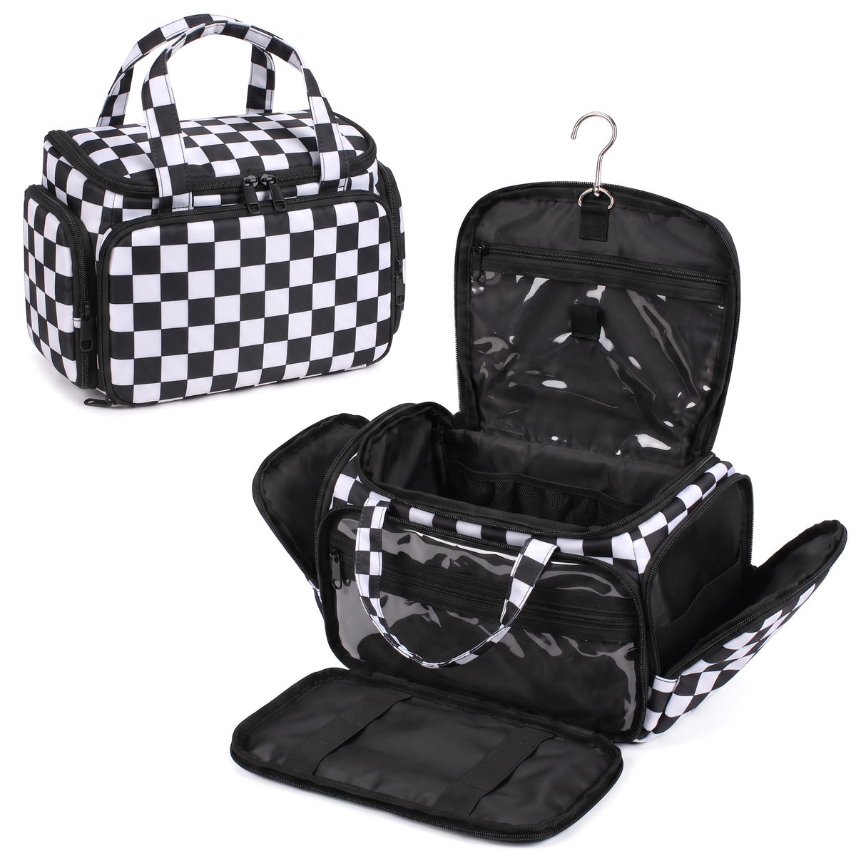 Valentoria Hanging Travel Toiletry Bag,Checkered Large Makeup Organizer Bag for Women(Checkered Rose Pink)