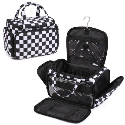Valentoria Hanging Travel Toiletry Bag,Checkered Large Makeup Organizer Bag for Women(Checkered Rose Pink)