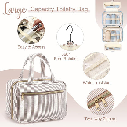 Sanwuta 3 Pcs Seersucker Toiletry Bag Set Stripe Makeup Bag, Khaki