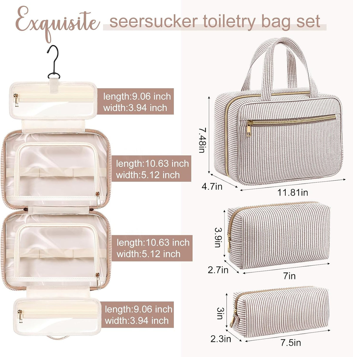 Sanwuta 3 Pcs Seersucker Toiletry Bag Set Stripe Makeup Bag, Khaki