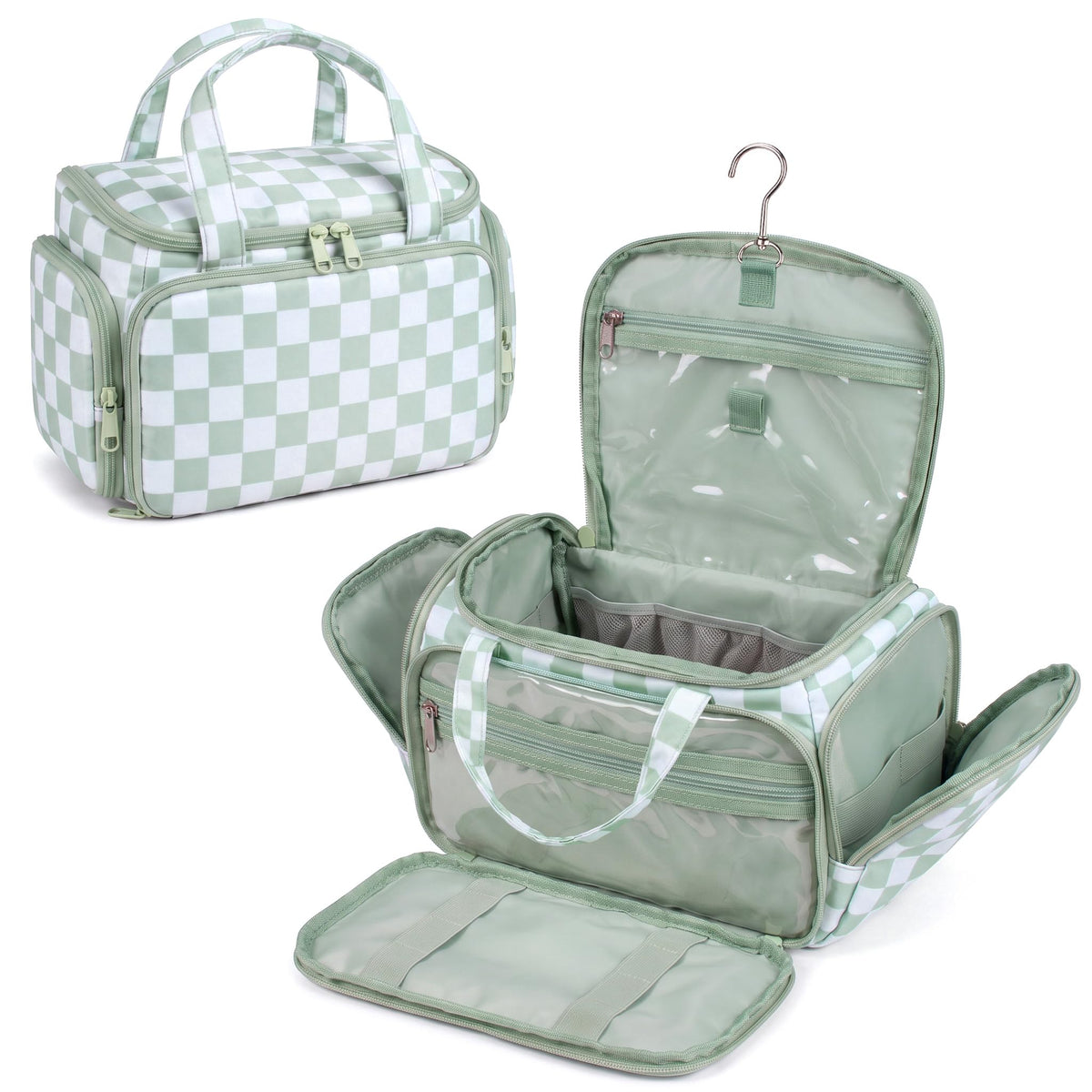 Valentoria Hanging Travel Toiletry Bag,Checkered Large Makeup Organizer Bag for Women(Checkered Rose Pink)