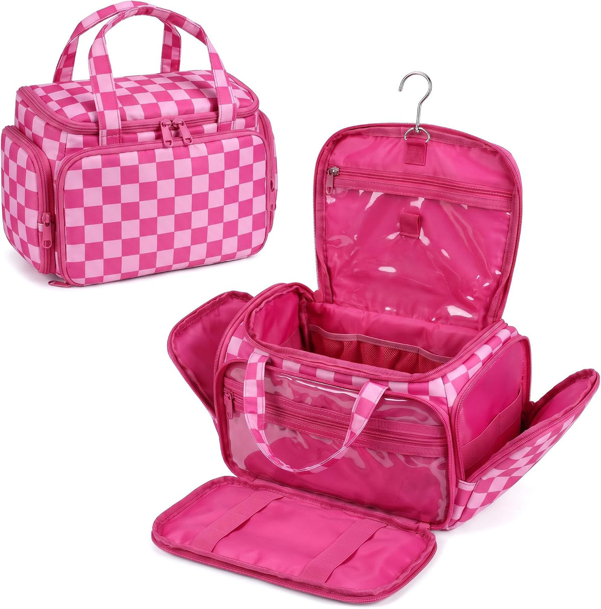 Valentoria Hanging Travel Toiletry Bag,Checkered Large Makeup Organizer Bag for Women(Checkered Rose Pink)