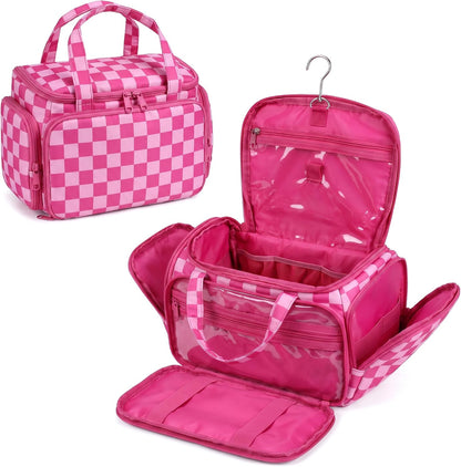 Valentoria Hanging Travel Toiletry Bag,Checkered Large Makeup Organizer Bag for Women(Checkered Rose Pink)