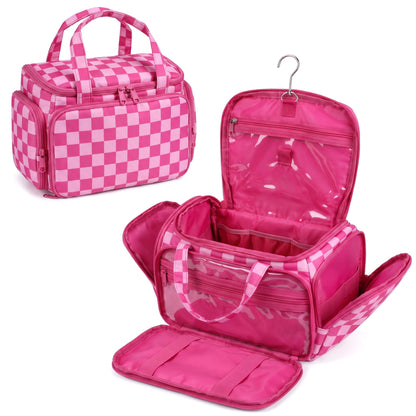 Valentoria Hanging Travel Toiletry Bag,Checkered Large Makeup Organizer Bag for Women(Checkered Rose Pink)