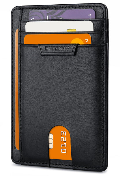 Buffway Slim Minimalist Front Pocket RFID Blocking Leather Wallets for Men and Women - Cross Black