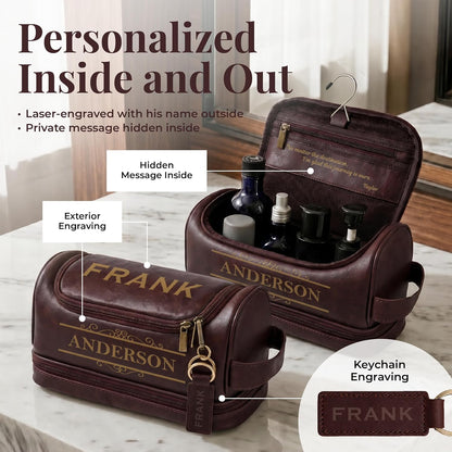 Personalized Toiletry Bag for Men - Custom Engraved Leather Dopp Kit for Travel - Monogrammed Mens Toiletry Bag - Gift for Him, Dad, Husband, Boyfriend, Groomsmen - Birthday & Anniversary