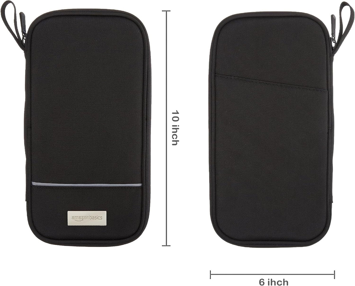 Amazon Basics RFID-blocking Passport Wallet, Passport Holder for Travel, Polyester/Nylon Material with Durable Zipper Closure, Zippered Pockets, Slots for Cards, 10"x5", Black, Solid
