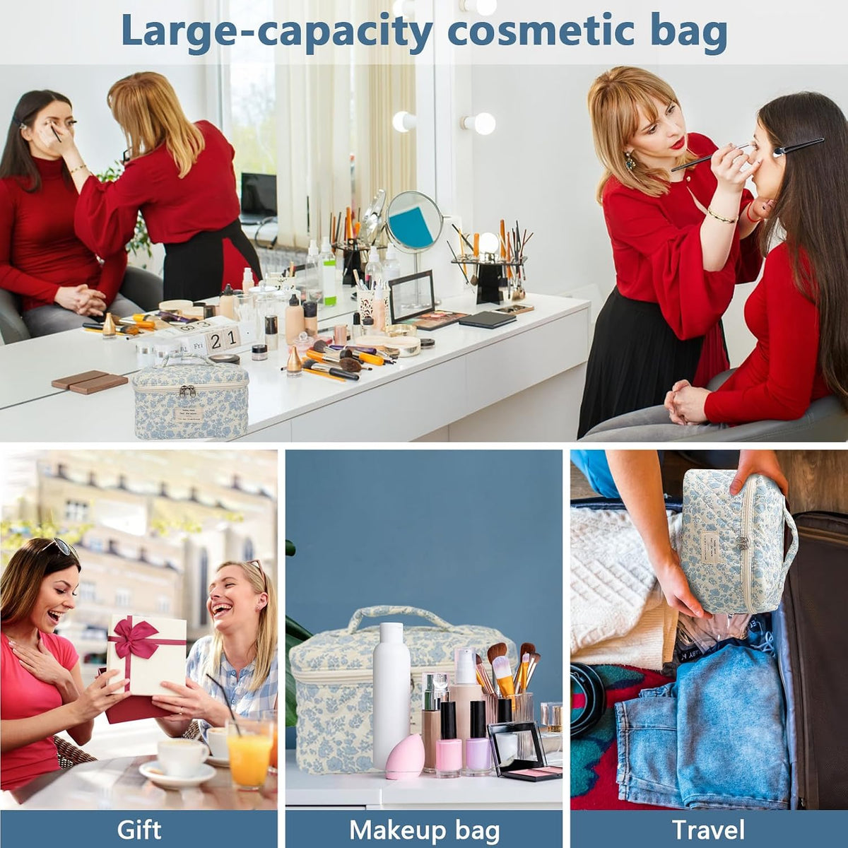Gosect Large Makeup Bag, Cute Cosmetic Bag for Women Girls, Floral Coquette Aesthetic Toiletry Bag, Travel Make Up Organizer Bag (BDLH)
