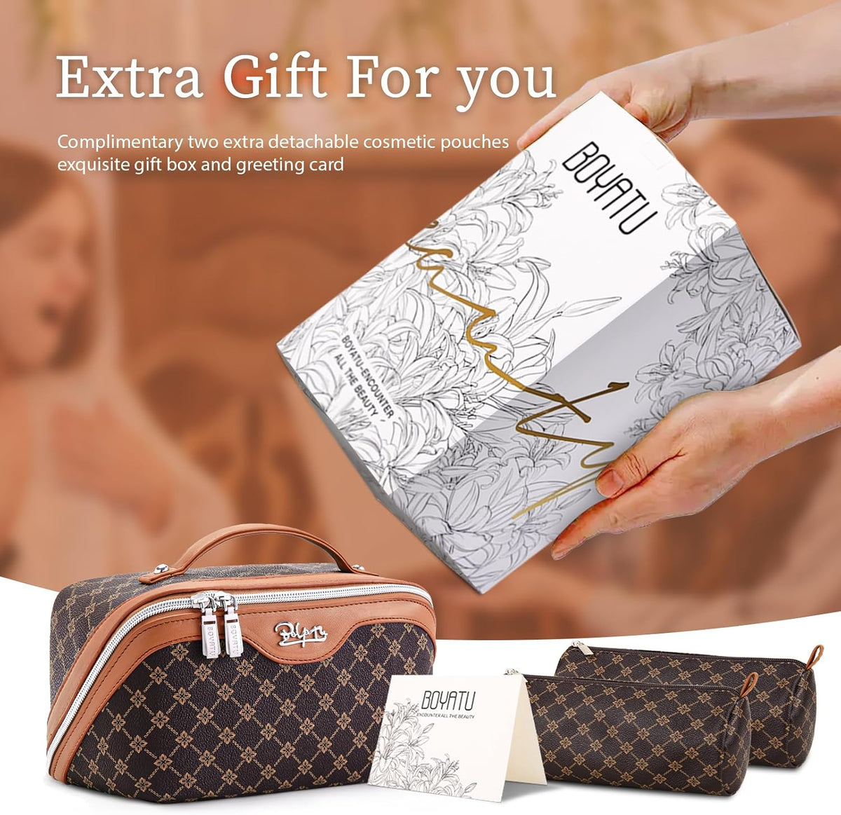 BOYATU Travel Makeup Bag Cosmetic Bags for Women: 3-Piece Make up Bag Set