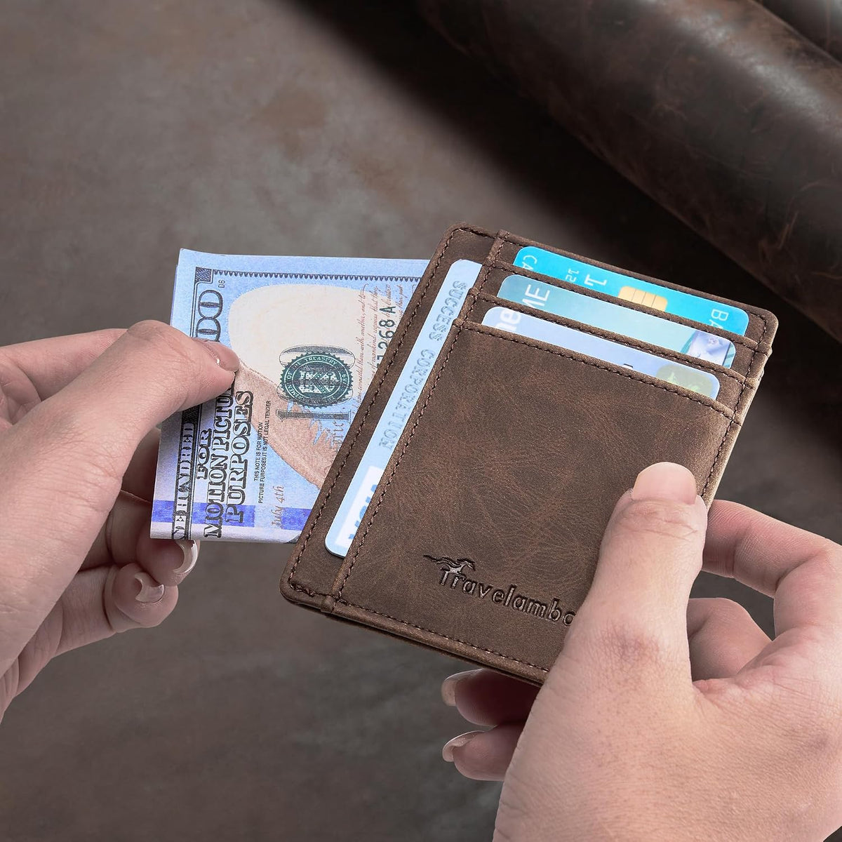 Travelambo Slim Wallet Front Pocket Minimalist Leather RFID Blocking Medium Size