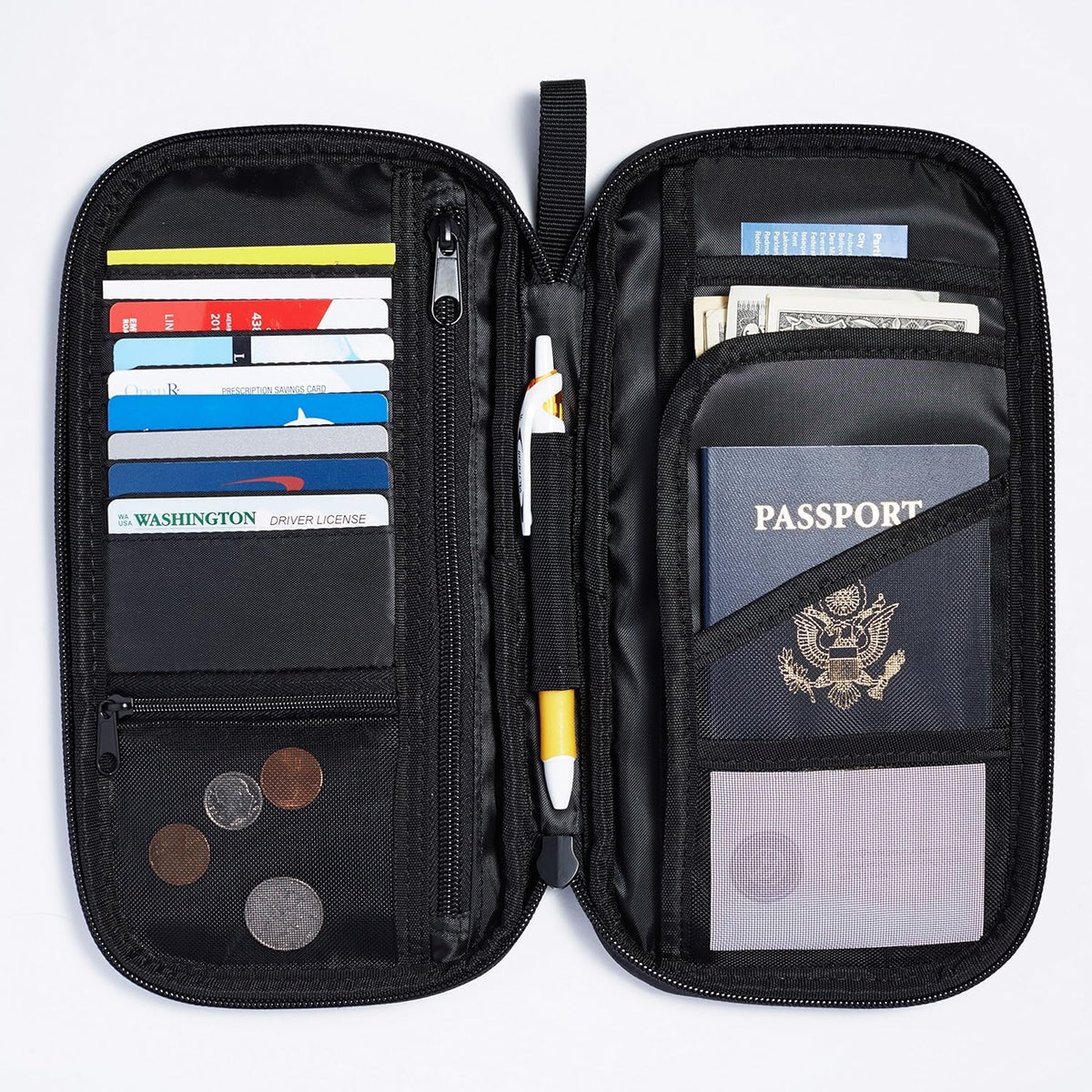 Amazon Basics RFID-blocking Passport Wallet, Passport Holder for Travel, Polyester/Nylon Material with Durable Zipper Closure, Zippered Pockets, Slots for Cards, 10"x5", Black, Solid