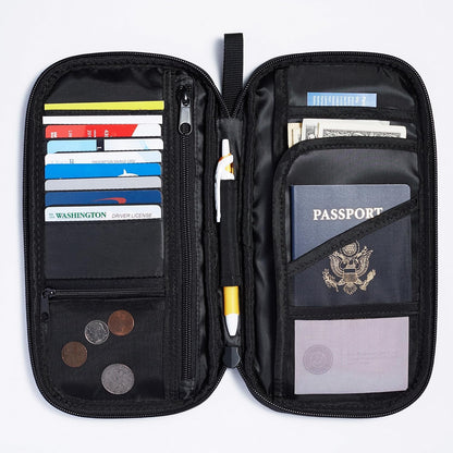 Amazon Basics RFID-blocking Passport Wallet, Passport Holder for Travel, Polyester/Nylon Material with Durable Zipper Closure, Zippered Pockets, Slots for Cards, 10"x5", Black, Solid