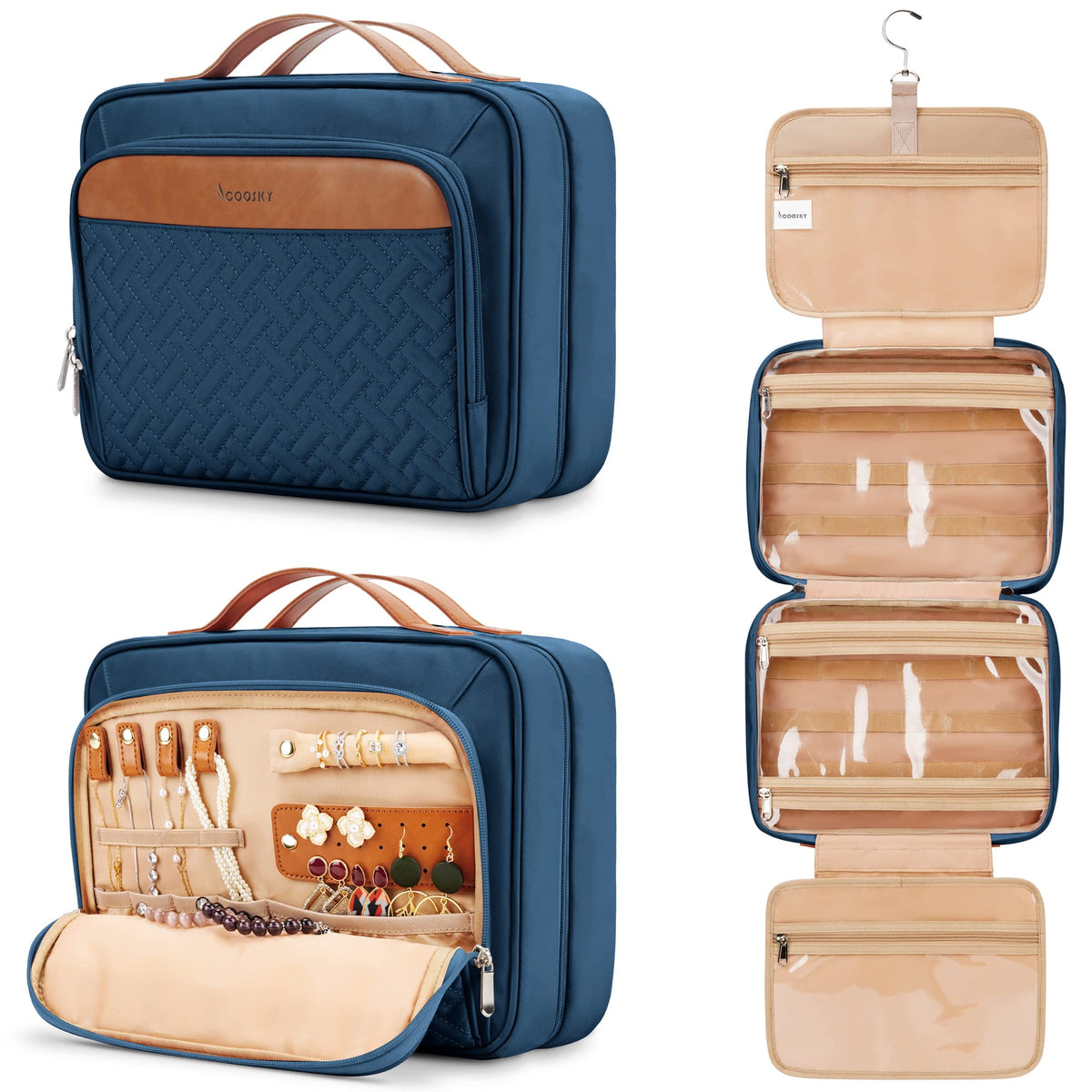 COOSKY Travel Hanging Toiletry Bag for Women, Cruise Ship Essentials, with Jewelry Organizer, Extra Large Makeup Dopp Kit, Waterproof Cosmetic Bags, Toiletries Kit Set with Trolley Belt, Blue