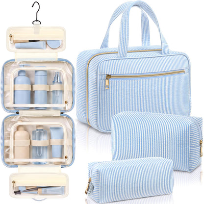 Sanwuta 3 Pcs Seersucker Toiletry Bag Set Stripe Makeup Bag, Khaki