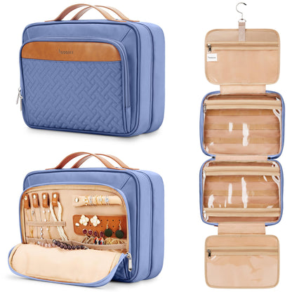 COOSKY Travel Hanging Toiletry Bag for Women, Cruise Ship Essentials, with Jewelry Organizer, Extra Large Makeup Dopp Kit, Waterproof Cosmetic Bags, Toiletries Kit Set with Trolley Belt, Blue