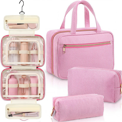 Sanwuta 3 Pcs Seersucker Toiletry Bag Set Stripe Makeup Bag, Khaki