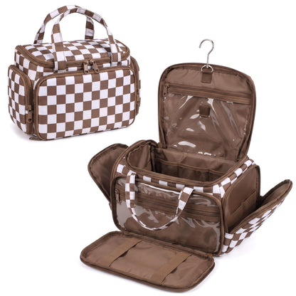 Valentoria Hanging Travel Toiletry Bag,Checkered Large Makeup Organizer Bag for Women(Checkered Rose Pink)