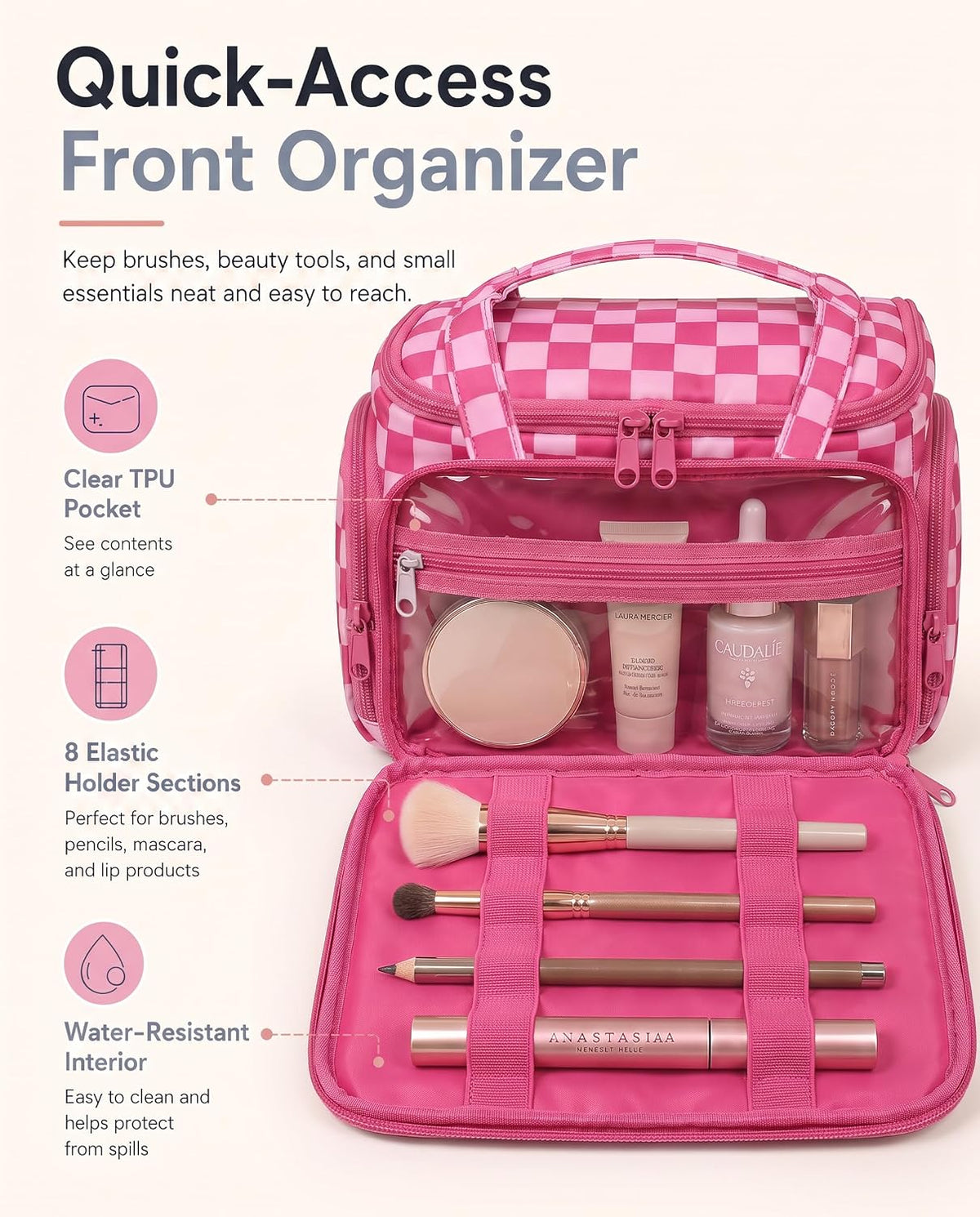 Valentoria Hanging Travel Toiletry Bag,Checkered Large Makeup Organizer Bag for Women(Checkered Rose Pink)