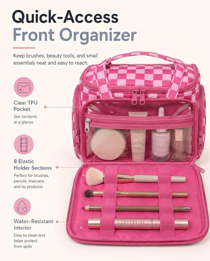 Valentoria Hanging Travel Toiletry Bag,Checkered Large Makeup Organizer Bag for Women(Checkered Rose Pink)