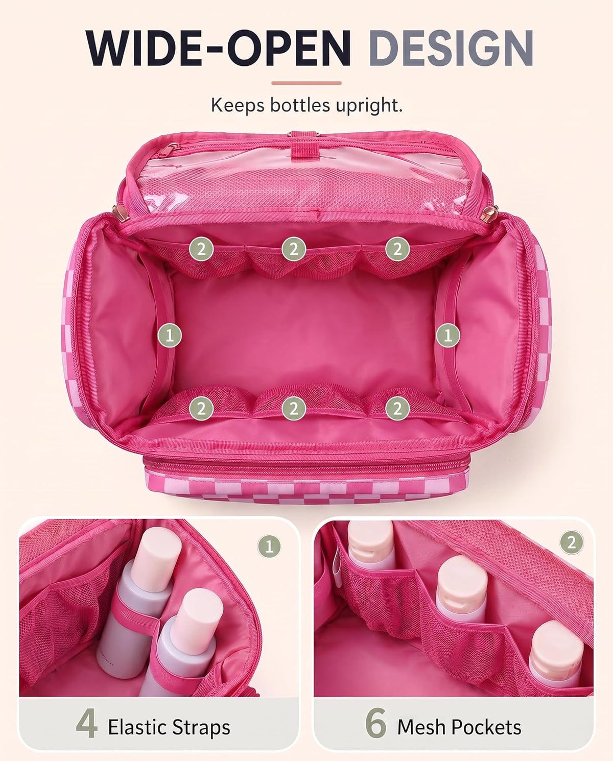 Valentoria Hanging Travel Toiletry Bag,Checkered Large Makeup Organizer Bag for Women(Checkered Rose Pink)
