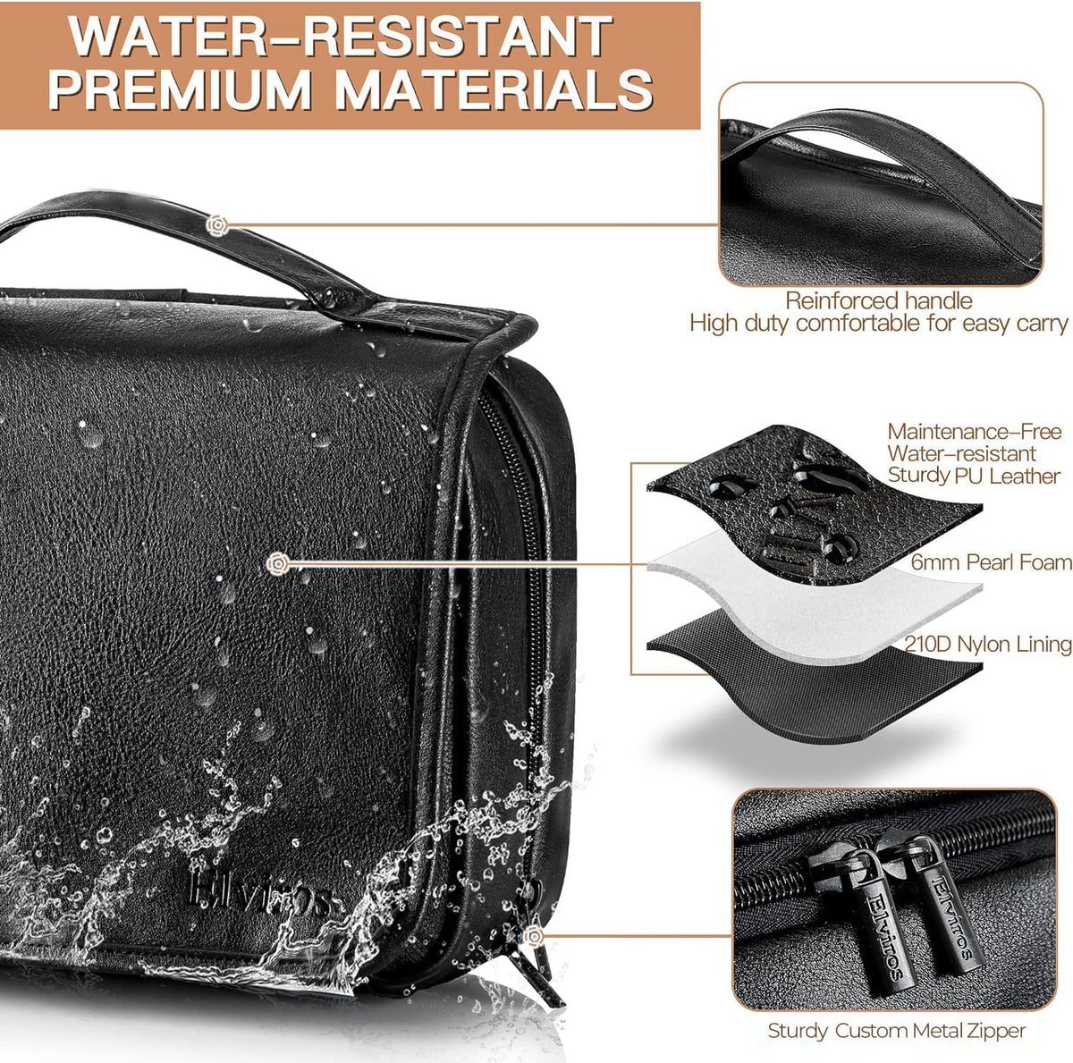 Elviros Hanging Toiletry Bag Removable Travel Bag PU leather Makeup Cosmetic Organizer Kit, Black
