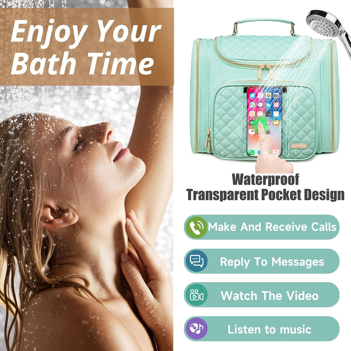 Tealari Large Toiletry Bag for Women Men,Bathroom Bag,Water Resistant Shower Bag,Makeup Bag,Toiletry Bags for Traveling,Hanging Toiletry Bag with Transparent Waterproof Phone Pocket (Green)