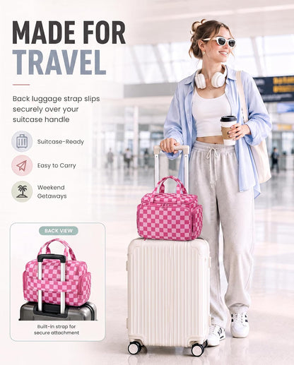 Valentoria Hanging Travel Toiletry Bag,Checkered Large Makeup Organizer Bag for Women(Checkered Rose Pink)