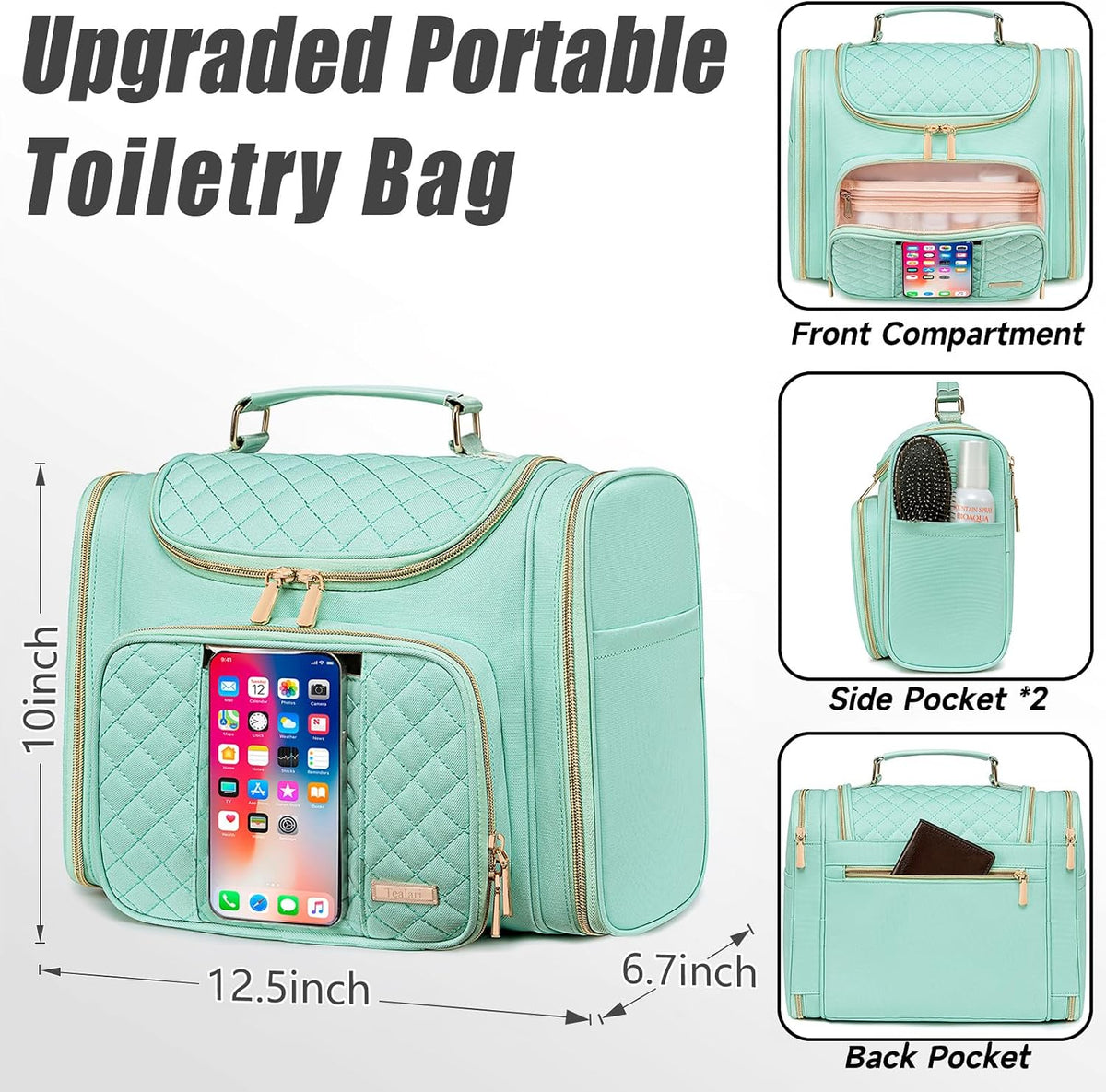 Tealari Large Toiletry Bag for Women Men,Bathroom Bag,Water Resistant Shower Bag,Makeup Bag,Toiletry Bags for Traveling,Hanging Toiletry Bag with Transparent Waterproof Phone Pocket (Green)