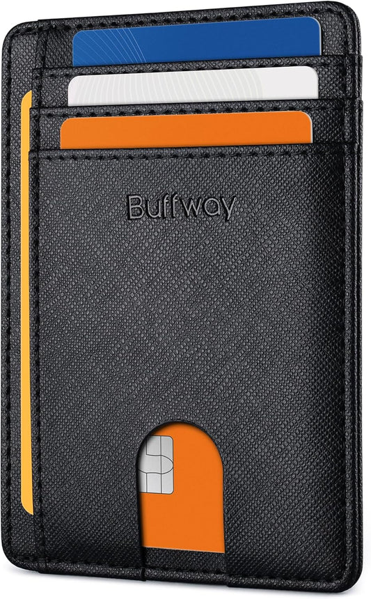Buffway Slim Minimalist Front Pocket RFID Blocking Leather Wallets for Men and Women - Cross Black