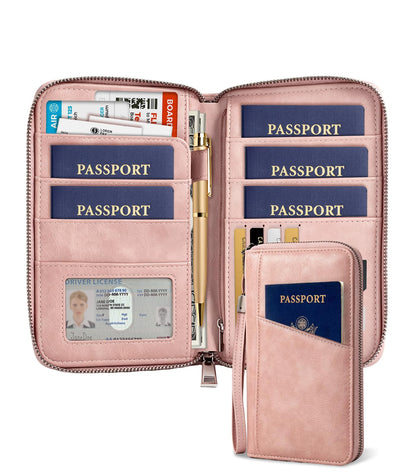 Family Passport Holder Travel Wallet, RFID Blocking Passport Wallet with Multiple Pockets, Holds Up to 5 Passports, Large Document & Cash Pocket Travel Organizer for Men Women