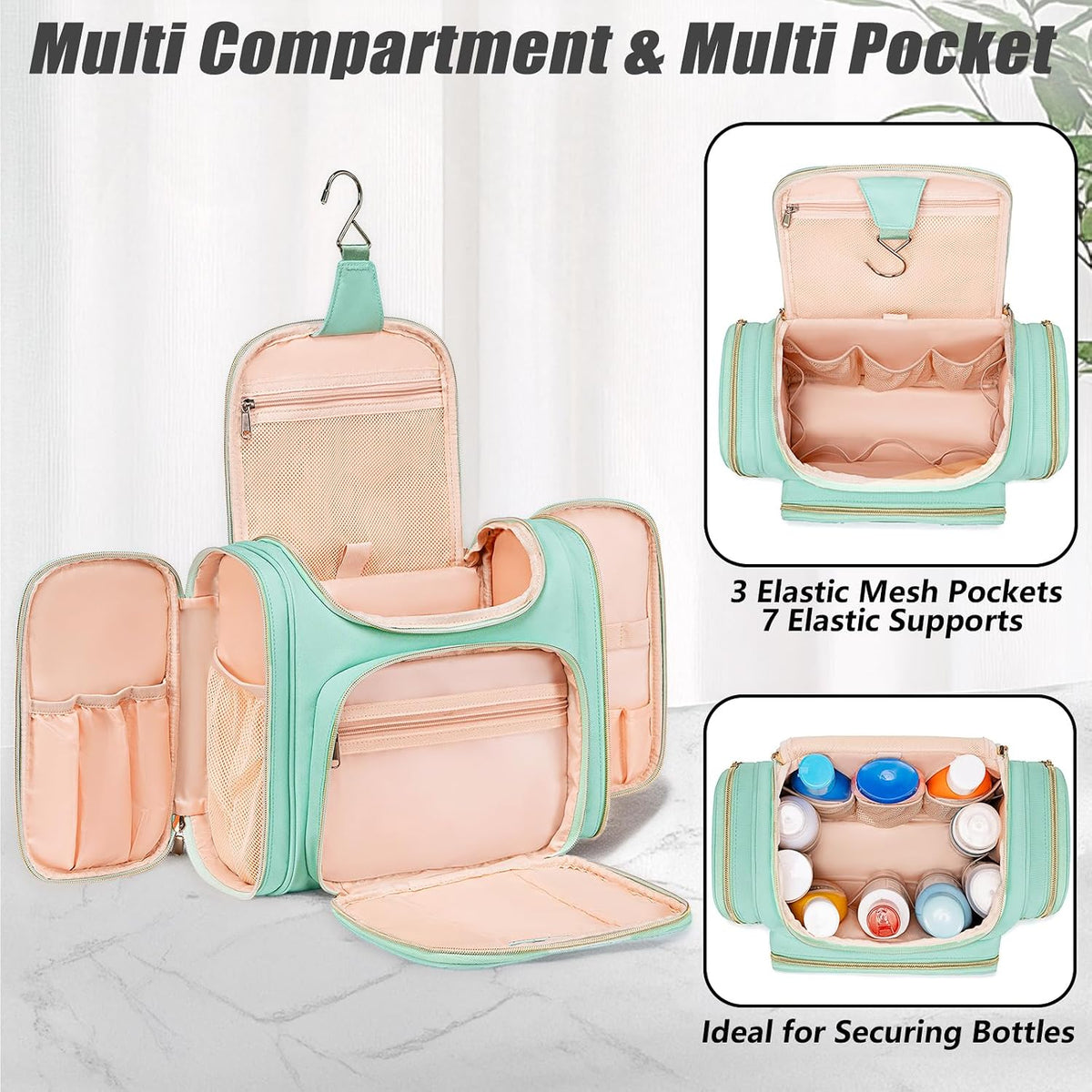 Tealari Large Toiletry Bag for Women Men,Bathroom Bag,Water Resistant Shower Bag,Makeup Bag,Toiletry Bags for Traveling,Hanging Toiletry Bag with Transparent Waterproof Phone Pocket (Green)