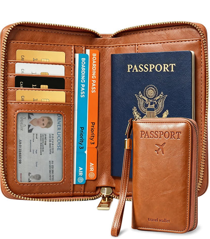 Family Passport Holder Travel Wallet, RFID Blocking Passport Wallet with Multiple Pockets, Holds Up to 5 Passports, Large Document & Cash Pocket Travel Organizer for Men Women