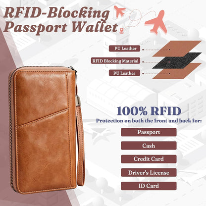 Family Passport Holder Travel Wallet, RFID Blocking Passport Wallet with Multiple Pockets, Holds Up to 5 Passports, Large Document & Cash Pocket Travel Organizer for Men Women