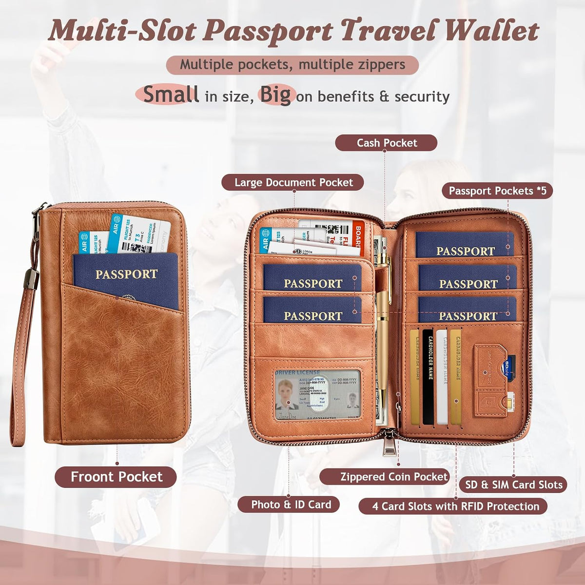 Family Passport Holder Travel Wallet, RFID Blocking Passport Wallet with Multiple Pockets, Holds Up to 5 Passports, Large Document & Cash Pocket Travel Organizer for Men Women